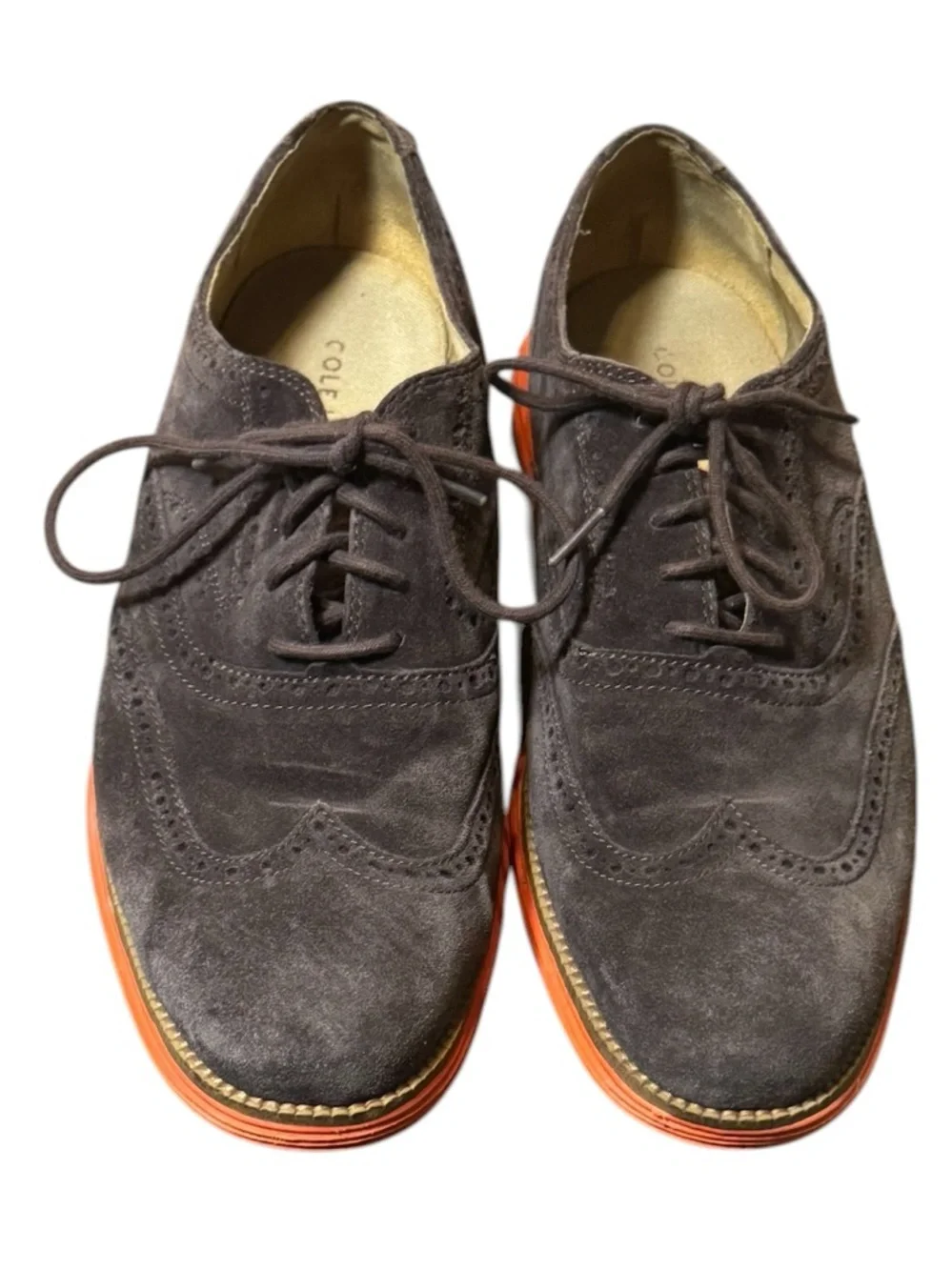 Cole Haan Brown Suede Wingtip Oxfords with Orange Contrast Sole Mens Size 11M
